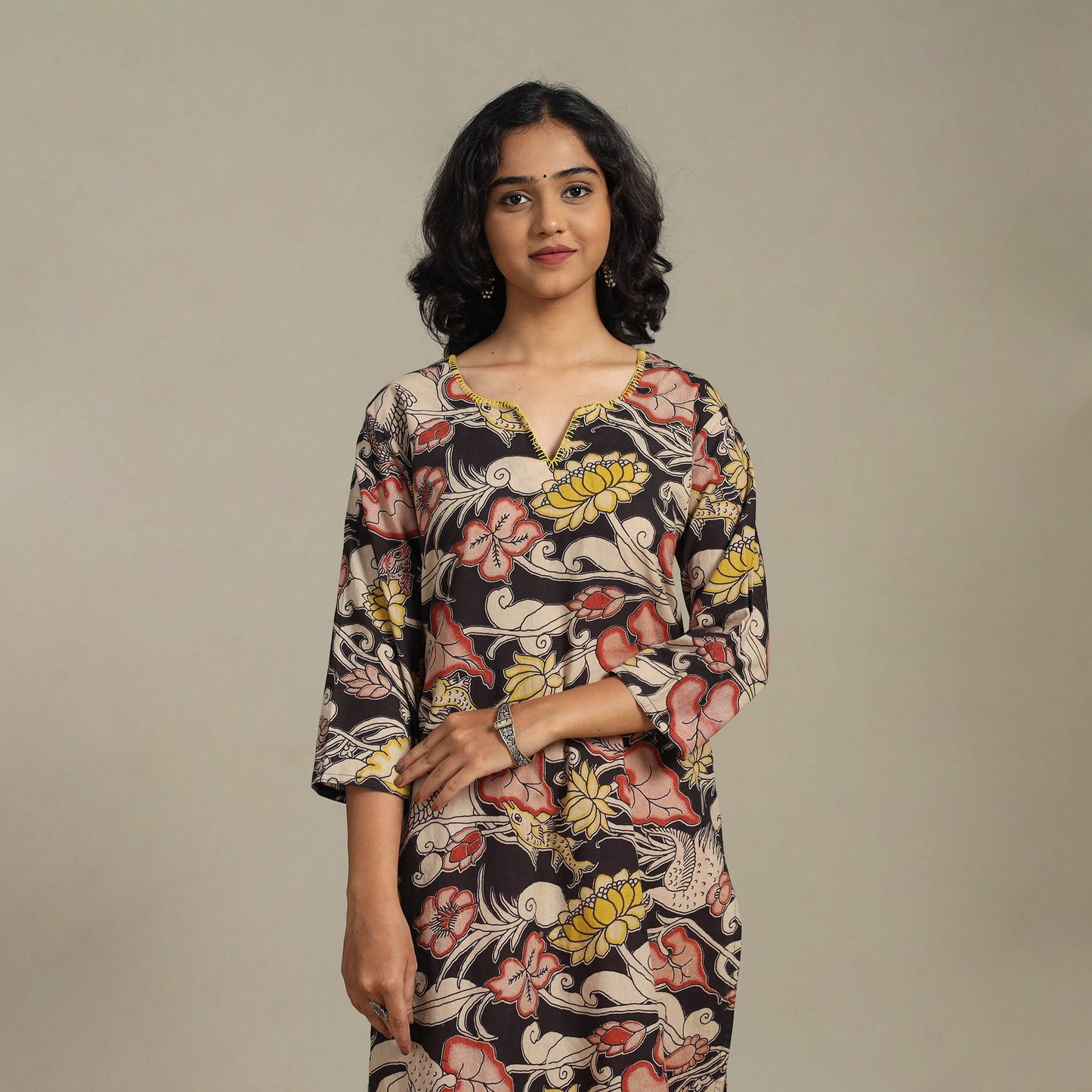 Black Printed Cotton Straight Kalamkari Kurta with Embroidery