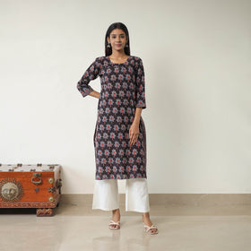 Black Block Printed Cotton Straight Ajrakh Kurta for Women