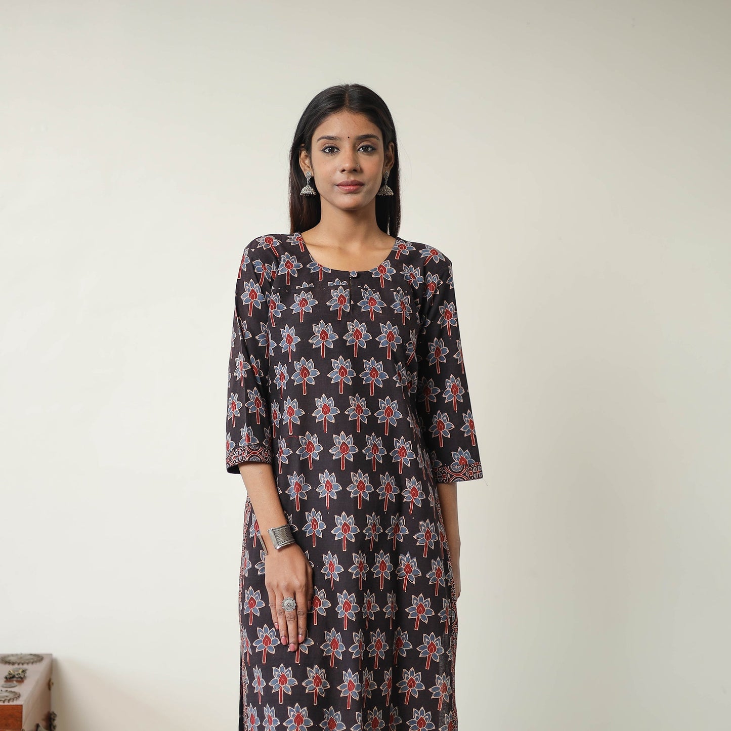 Black Block Printed Cotton Straight Ajrakh Kurta for Women