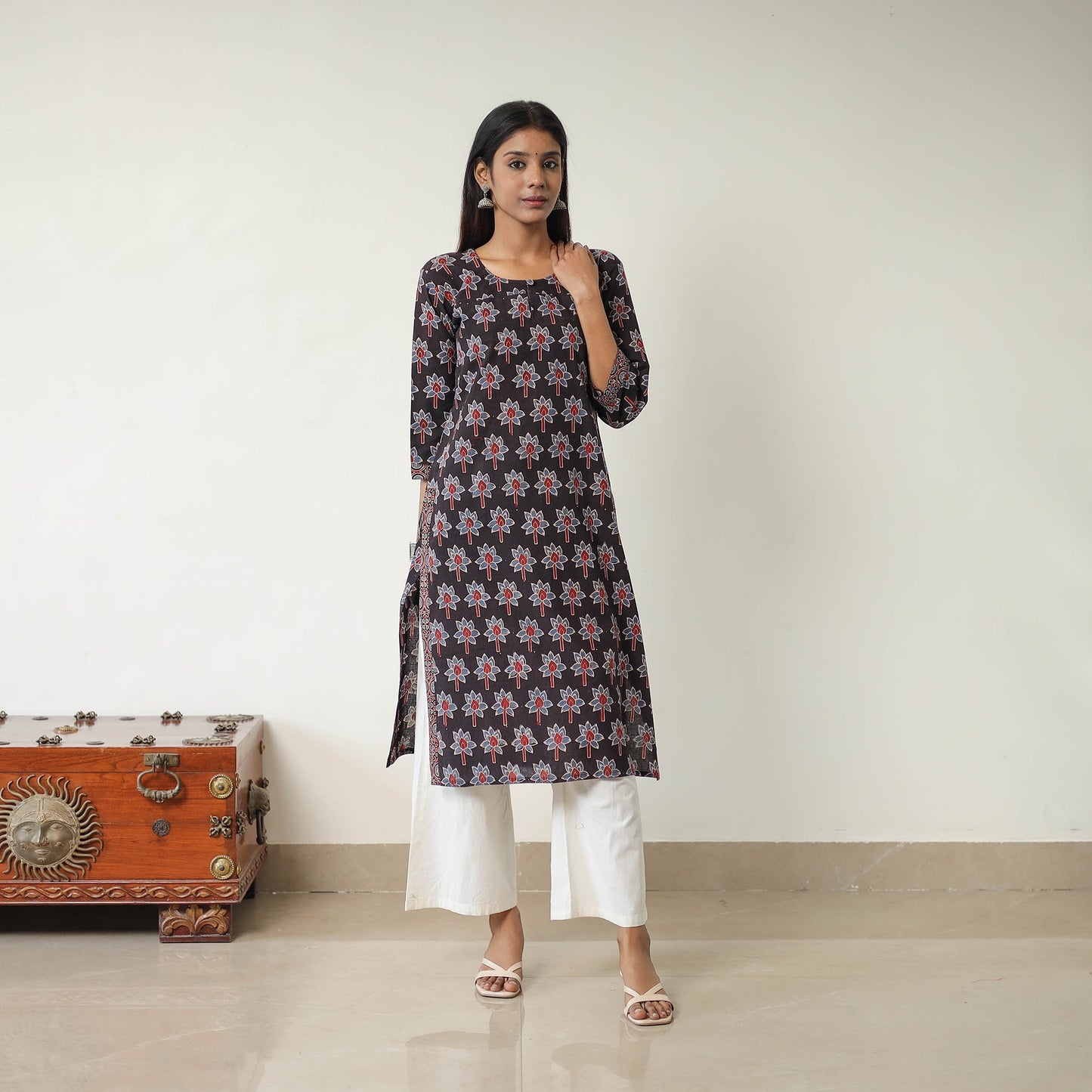 Black Block Printed Cotton Straight Ajrakh Kurta for Women