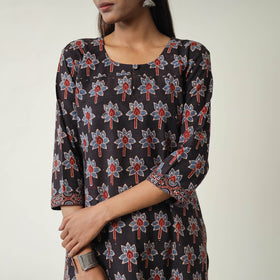 Black Block Printed Cotton Straight Ajrakh Kurta for Women