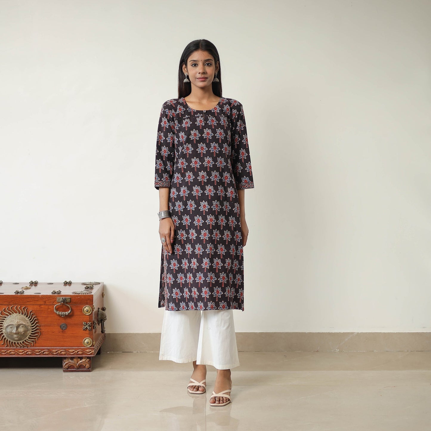 Black Block Printed Cotton Straight Ajrakh Kurta for Women