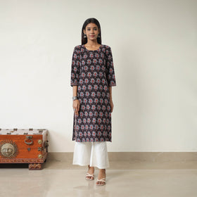 Black Block Printed Cotton Straight Ajrakh Kurta for Women