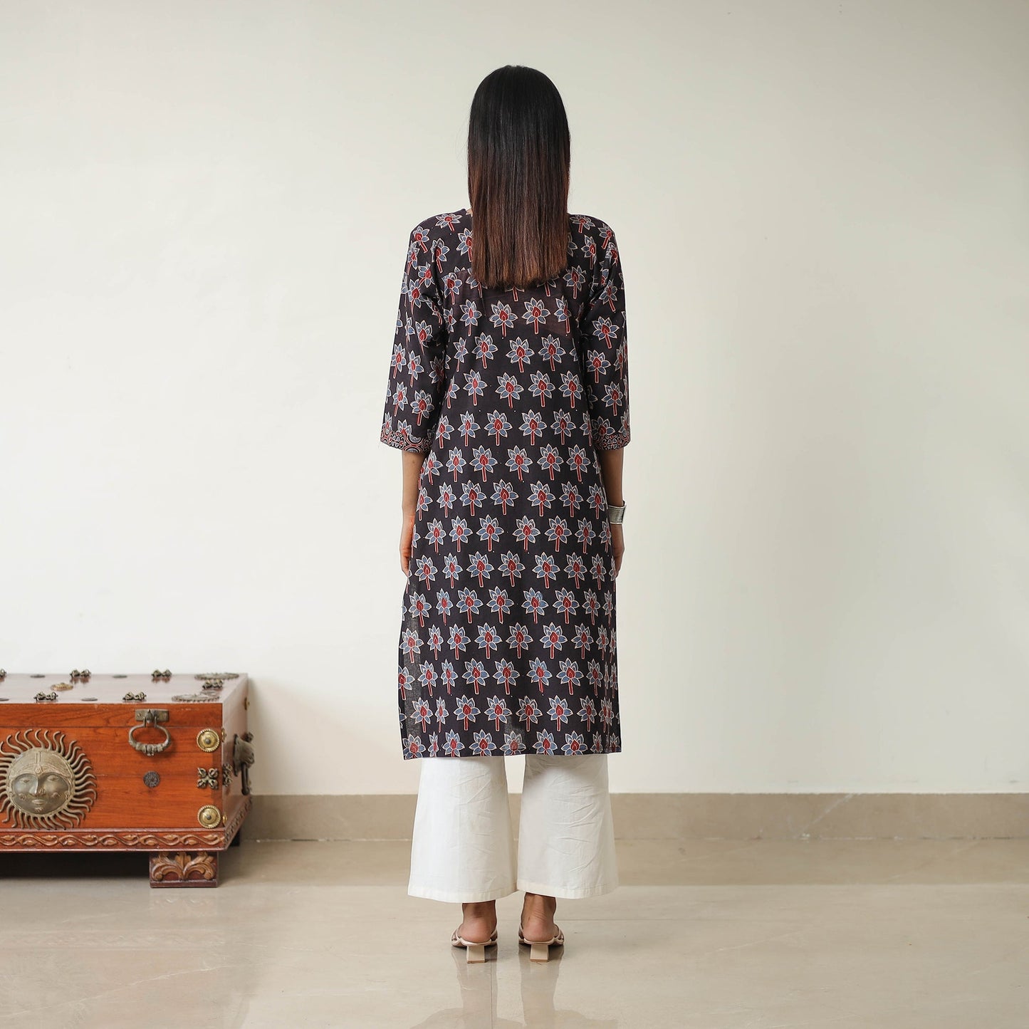 Black Block Printed Cotton Straight Ajrakh Kurta for Women
