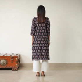 Black Block Printed Cotton Straight Ajrakh Kurta for Women