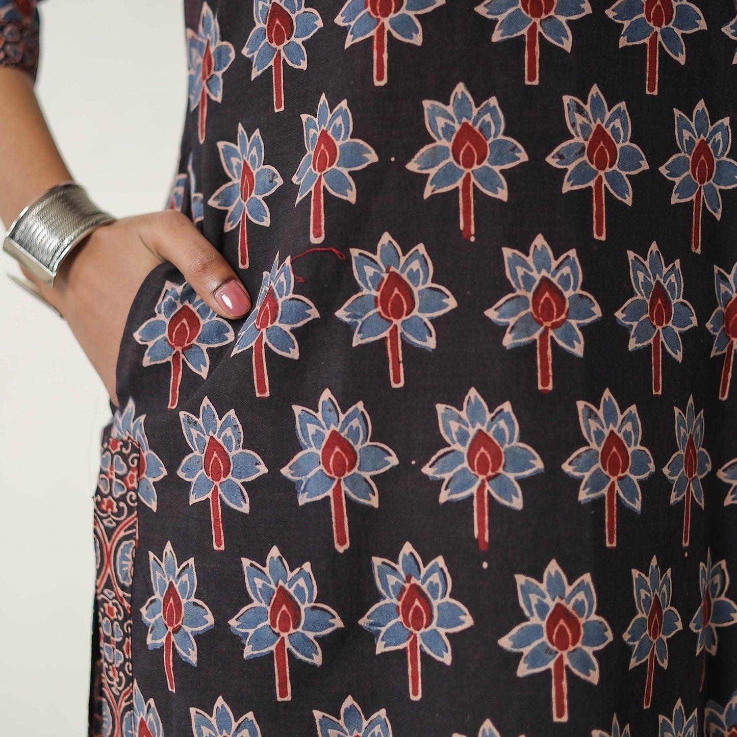 Black Block Printed Cotton Straight Ajrakh Kurta for Women