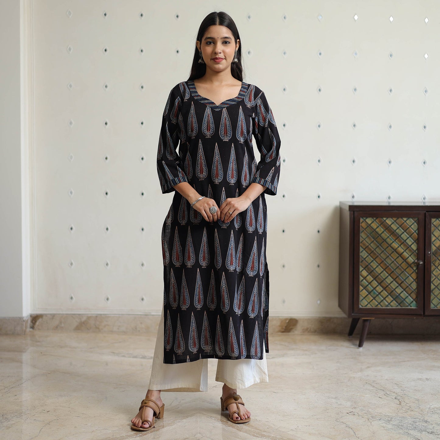 Block Printed Cotton Straight Ajrakh Kurta for Women