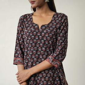 Black Block Printed Cotton Straight Ajrakh Kurta for Women