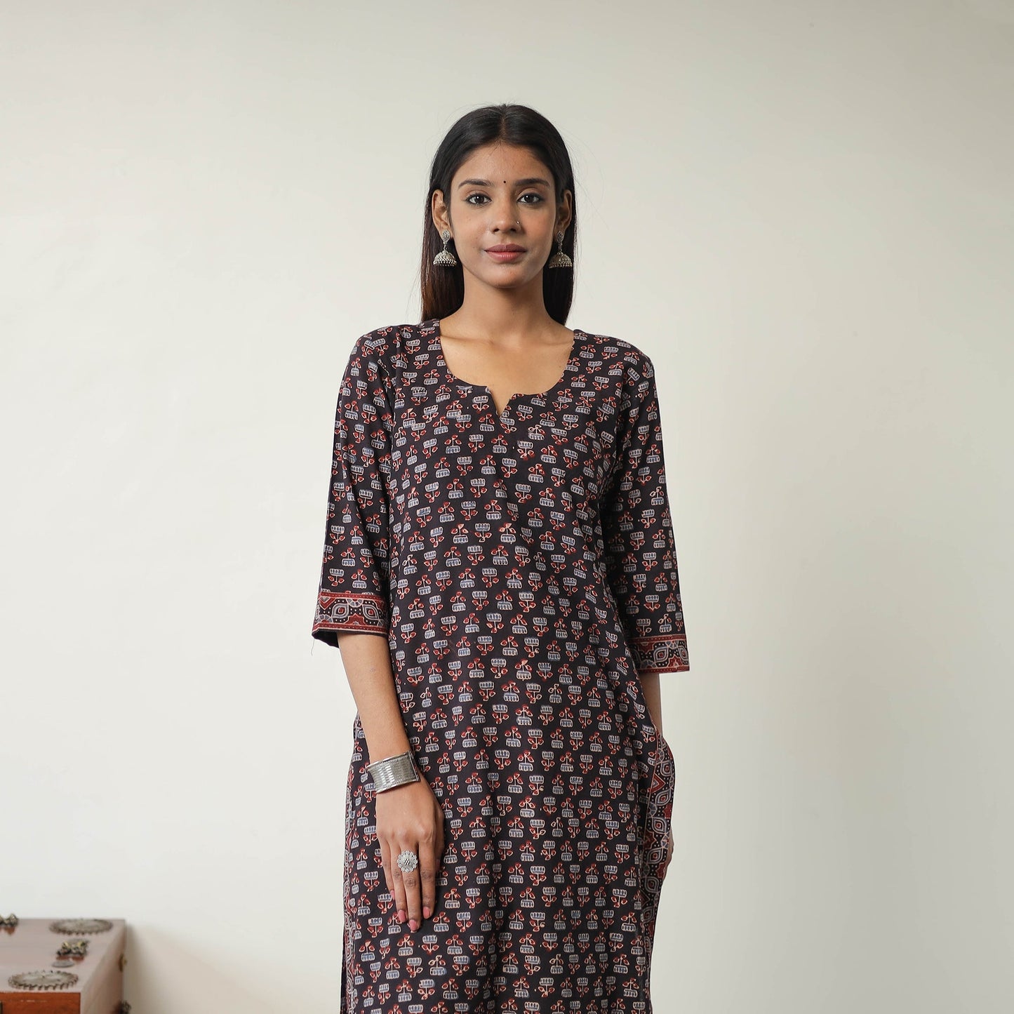 Black Block Printed Cotton Straight Ajrakh Kurta for Women