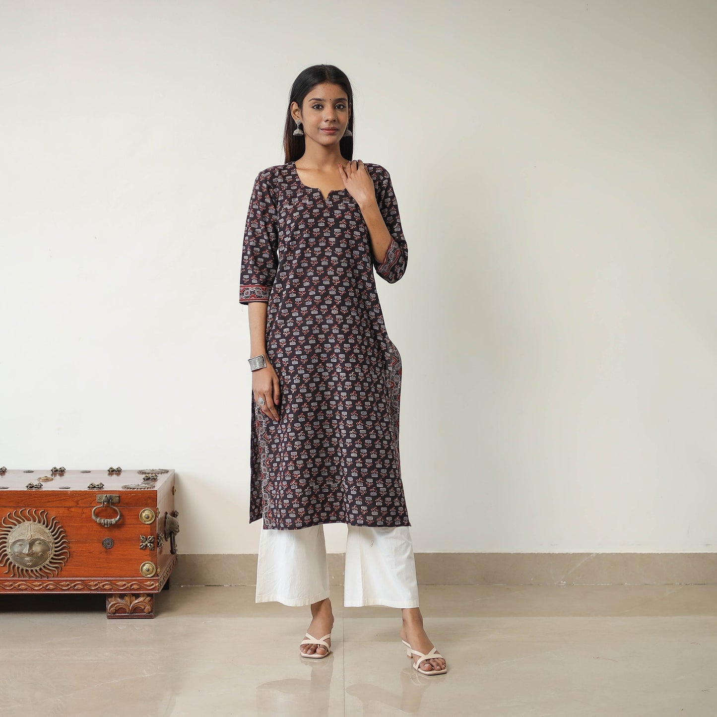 Black Block Printed Cotton Straight Ajrakh Kurta for Women