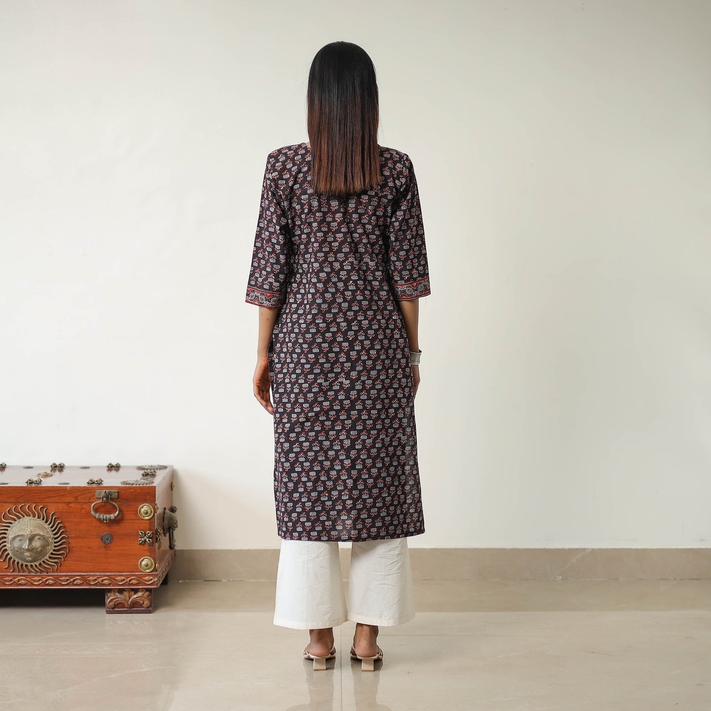 Black Block Printed Cotton Straight Ajrakh Kurta for Women