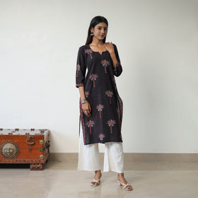 Black Block Printed Cotton Straight Ajrakh Kurta for Women