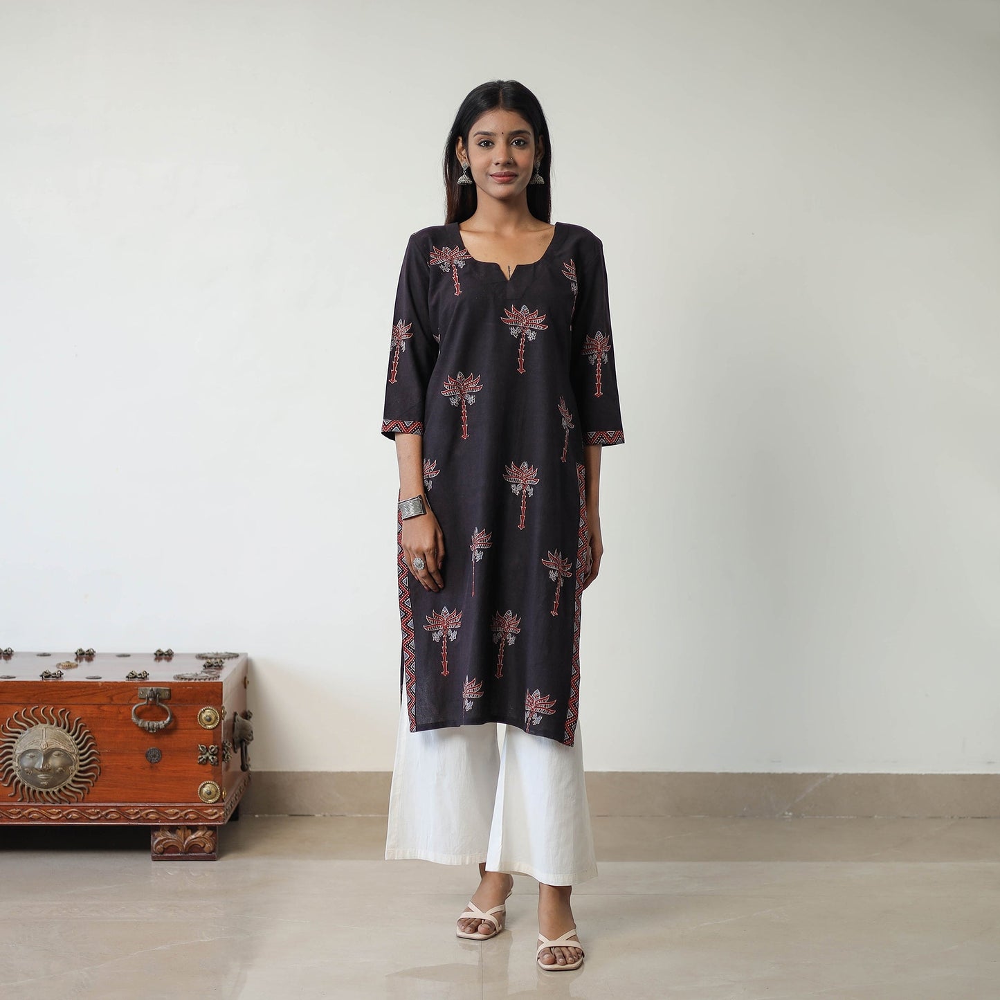 Black Block Printed Cotton Straight Ajrakh Kurta for Women