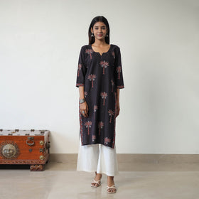 Black Block Printed Cotton Straight Ajrakh Kurta for Women