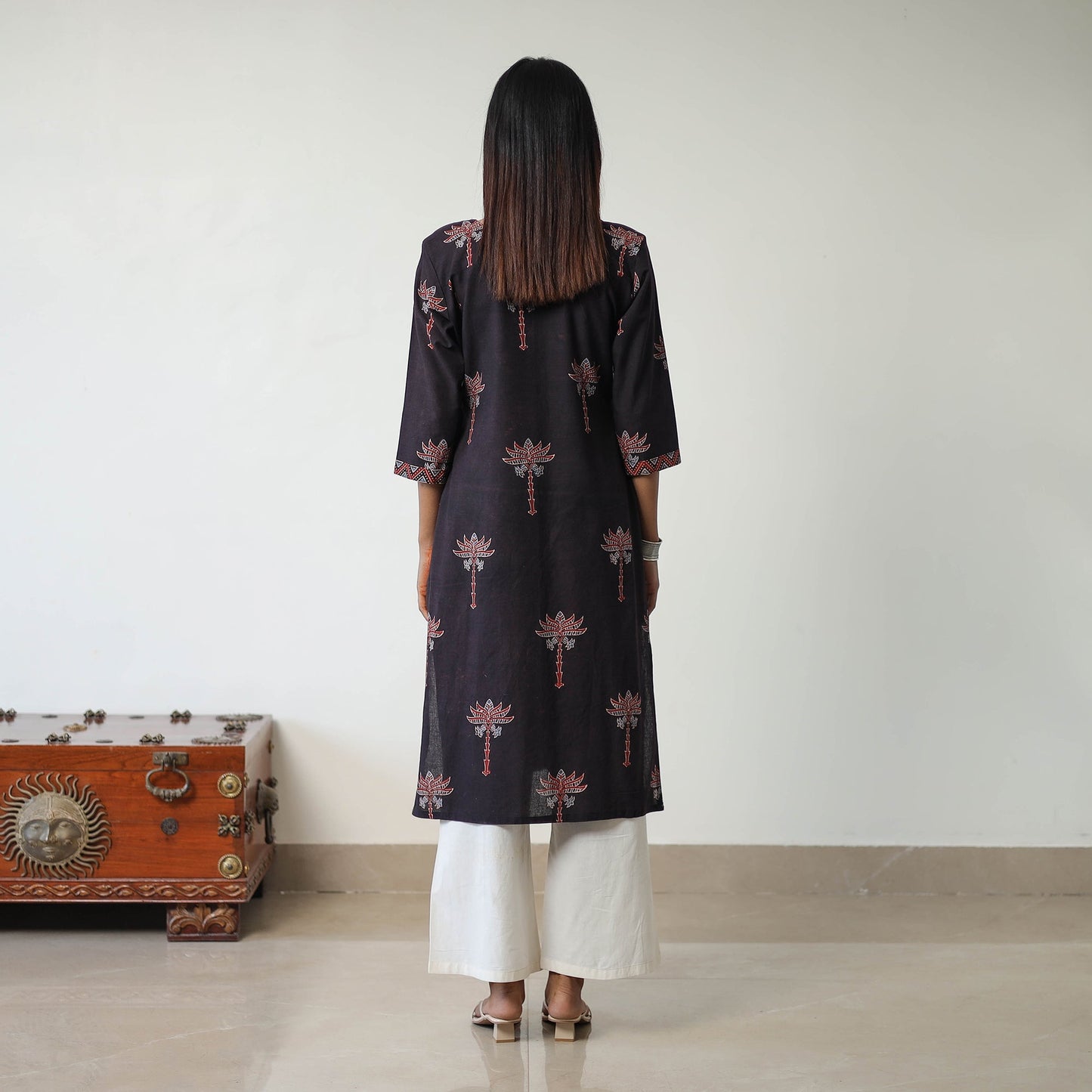 Black Block Printed Cotton Straight Ajrakh Kurta for Women