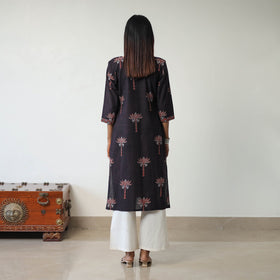 Black Block Printed Cotton Straight Ajrakh Kurta for Women