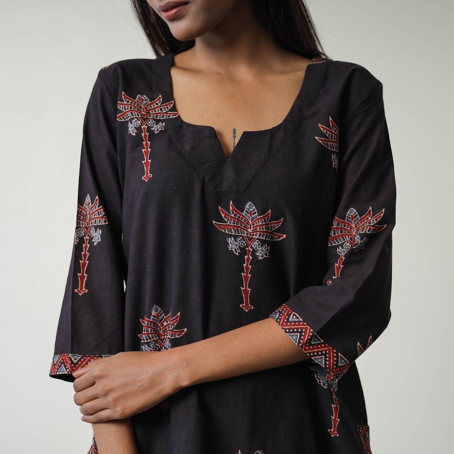 Black Block Printed Cotton Straight Ajrakh Kurta for Women