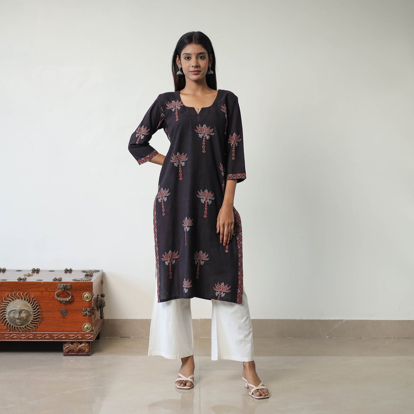 Black Block Printed Cotton Straight Ajrakh Kurta for Women