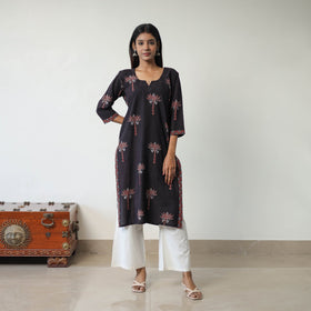 Black Block Printed Cotton Straight Ajrakh Kurta for Women