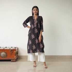 Shop Black Block Printed Cotton Straight Ajrakh Kurta Online