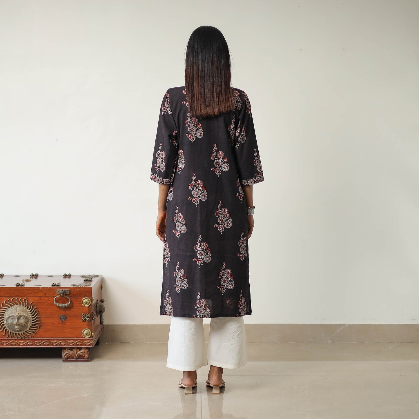 Shop Black Block Printed Cotton Straight Ajrakh Kurta Online