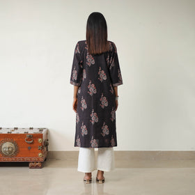 Shop Black Block Printed Cotton Straight Ajrakh Kurta Online