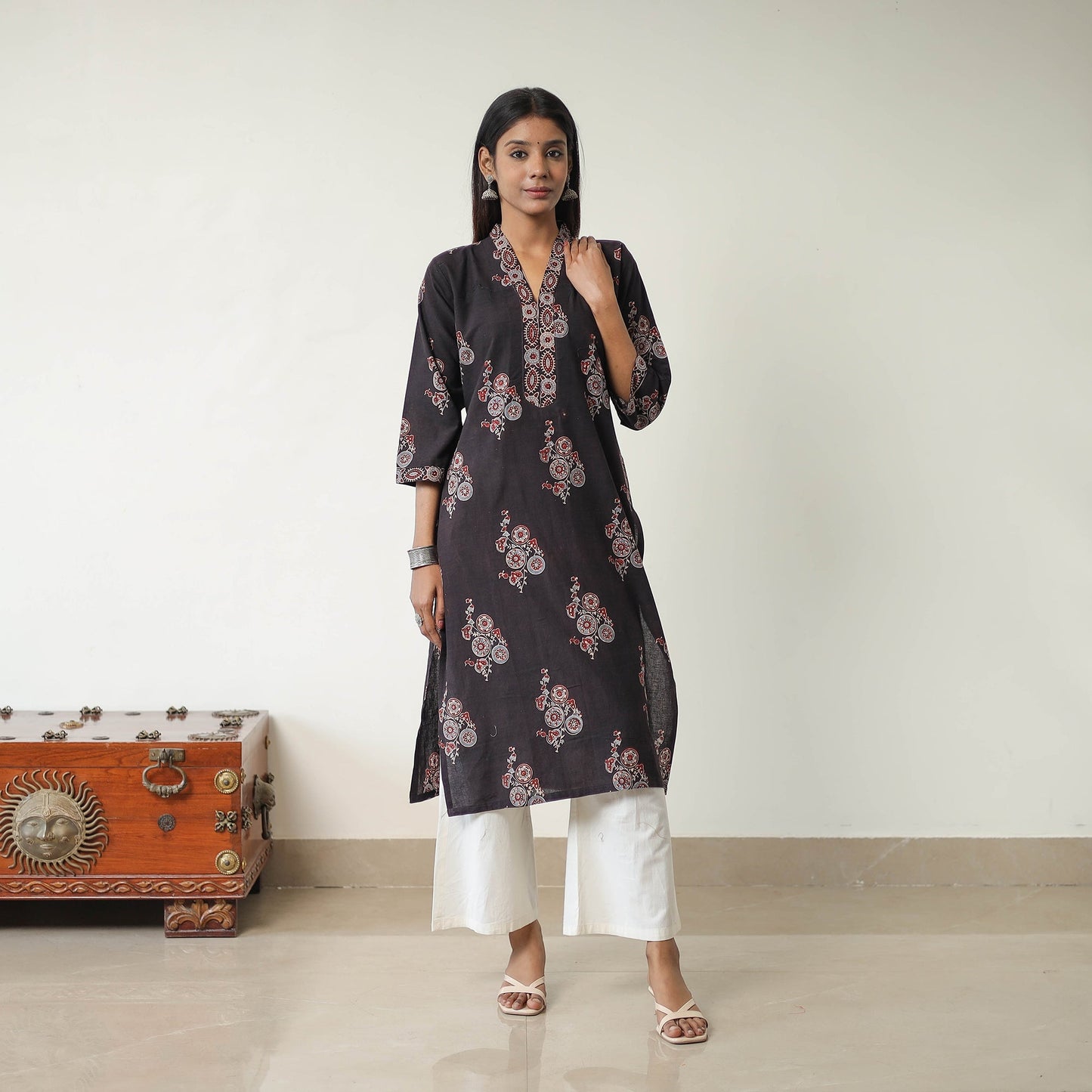 Shop Black Block Printed Cotton Straight Ajrakh Kurta Online