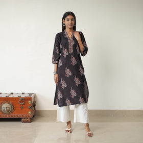 Shop Black Block Printed Cotton Straight Ajrakh Kurta Online