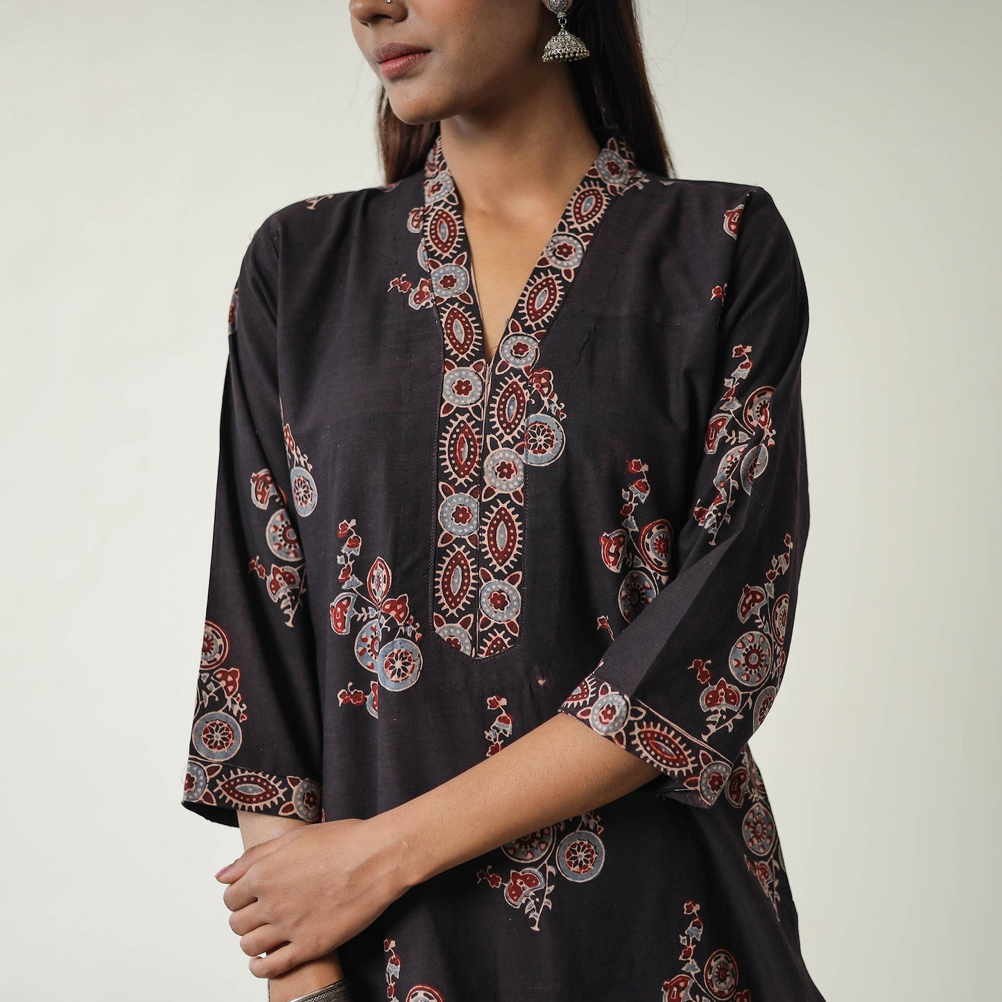 Shop Black Block Printed Cotton Straight Ajrakh Kurta Online