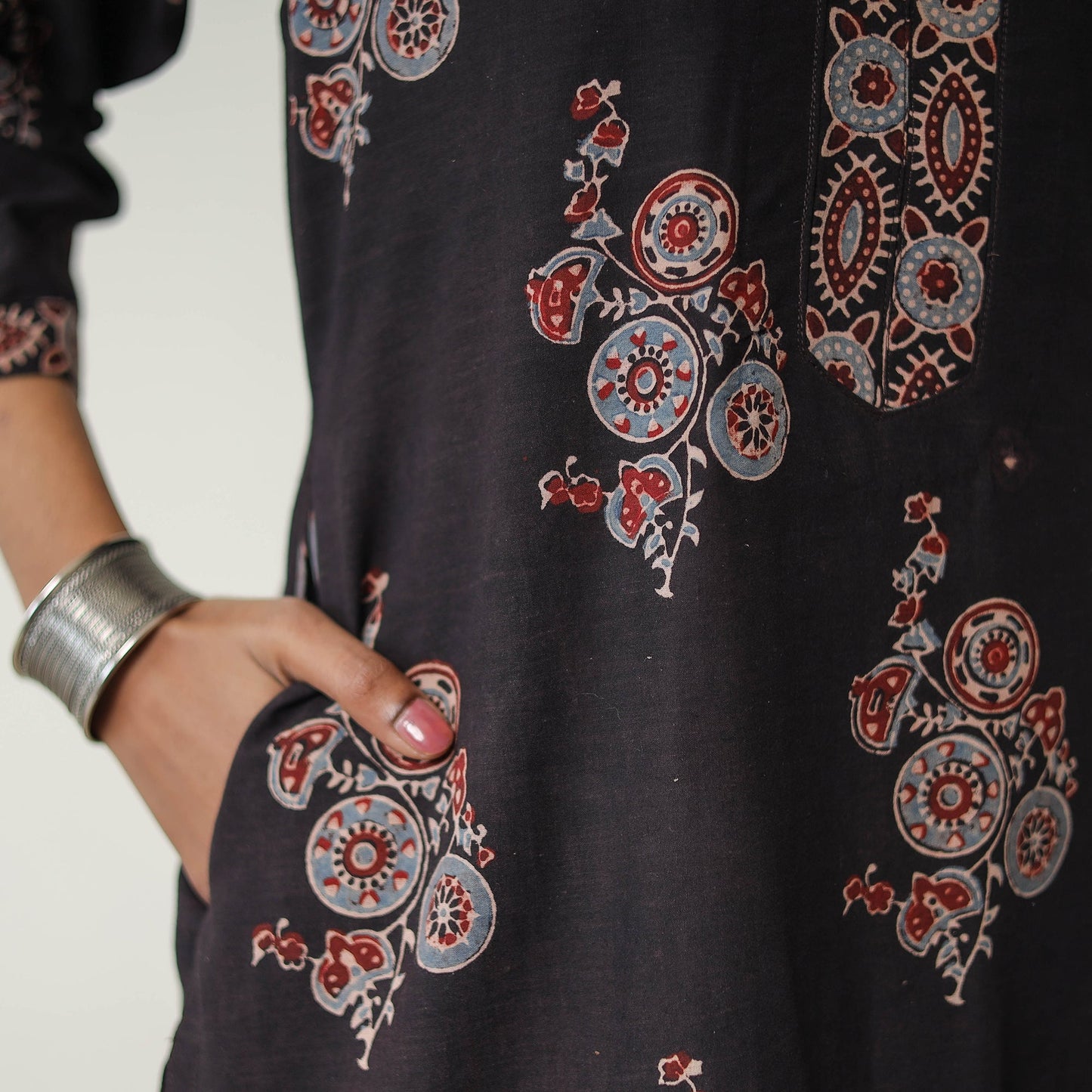 Shop Black Block Printed Cotton Straight Ajrakh Kurta Online