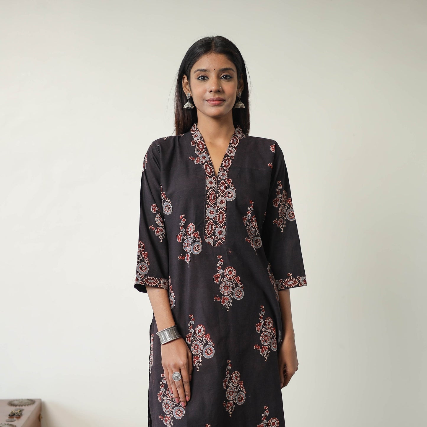 Shop Black Block Printed Cotton Straight Ajrakh Kurta Online