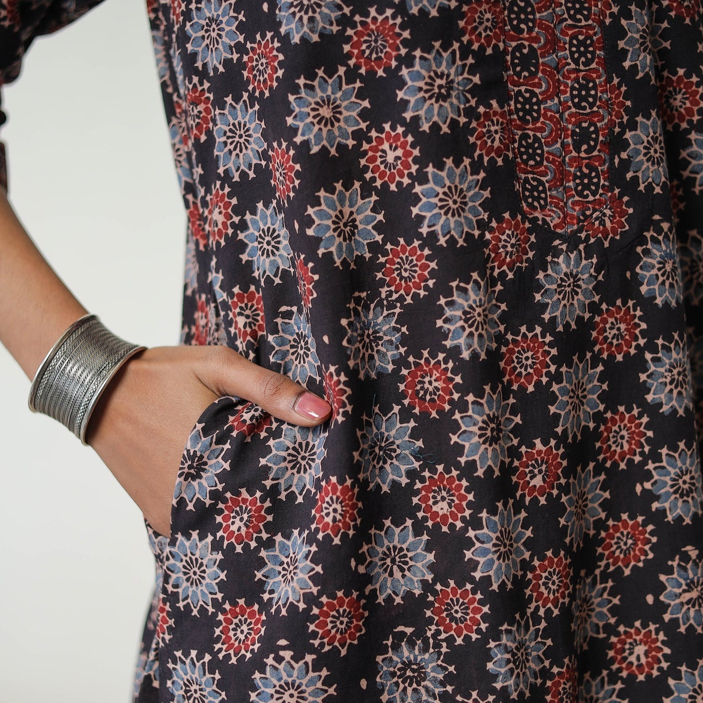 Shop Black Block Printed Cotton Straight Ajrakh Kurta Online