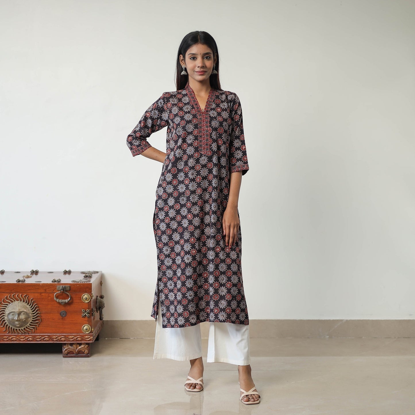 Shop Black Block Printed Cotton Straight Ajrakh Kurta Online