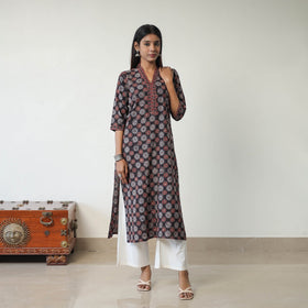 Shop Black Block Printed Cotton Straight Ajrakh Kurta Online
