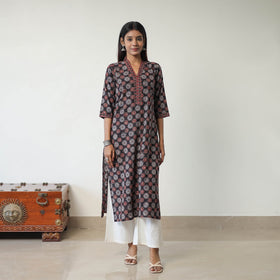 Shop Black Block Printed Cotton Straight Ajrakh Kurta Online