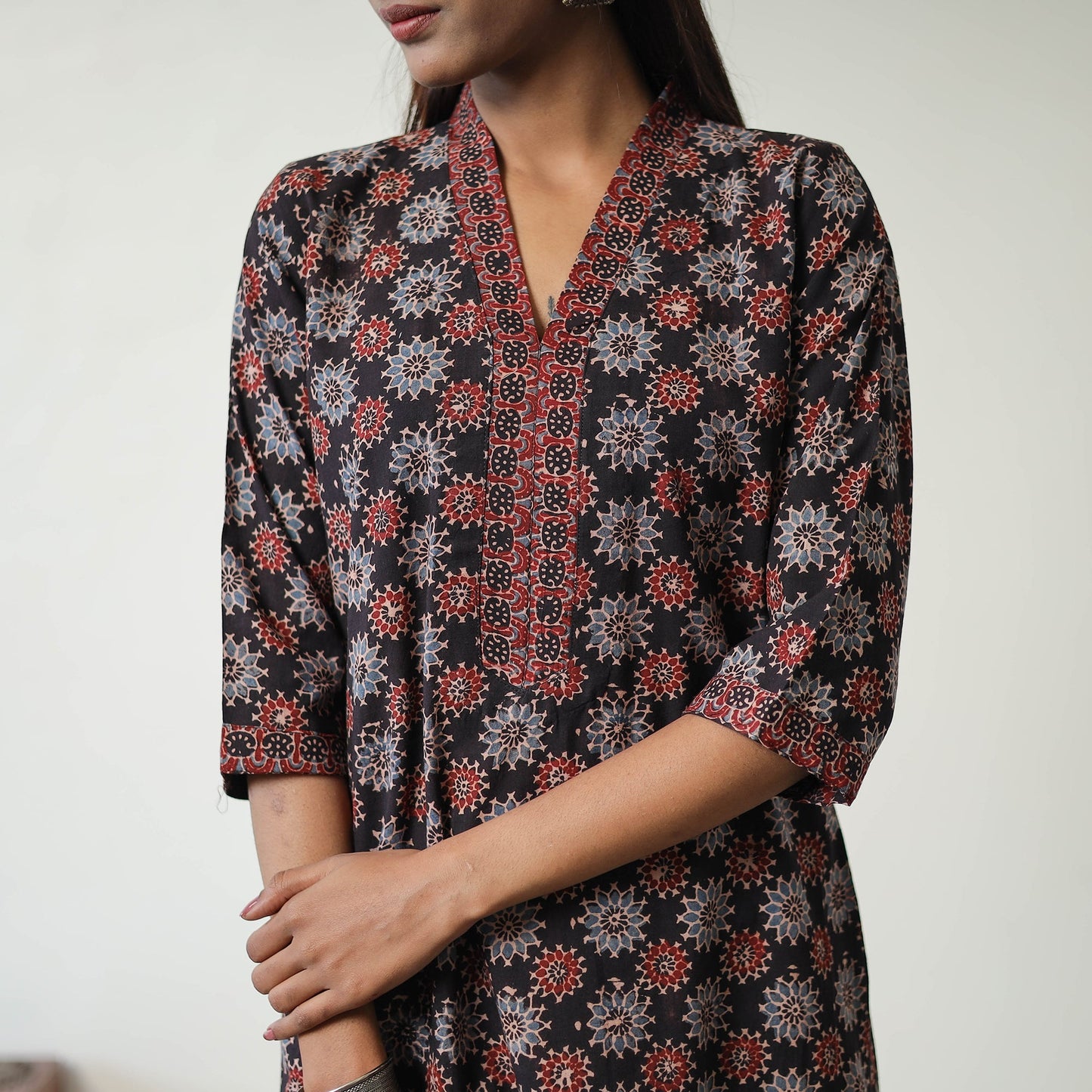 Shop Black Block Printed Cotton Straight Ajrakh Kurta Online