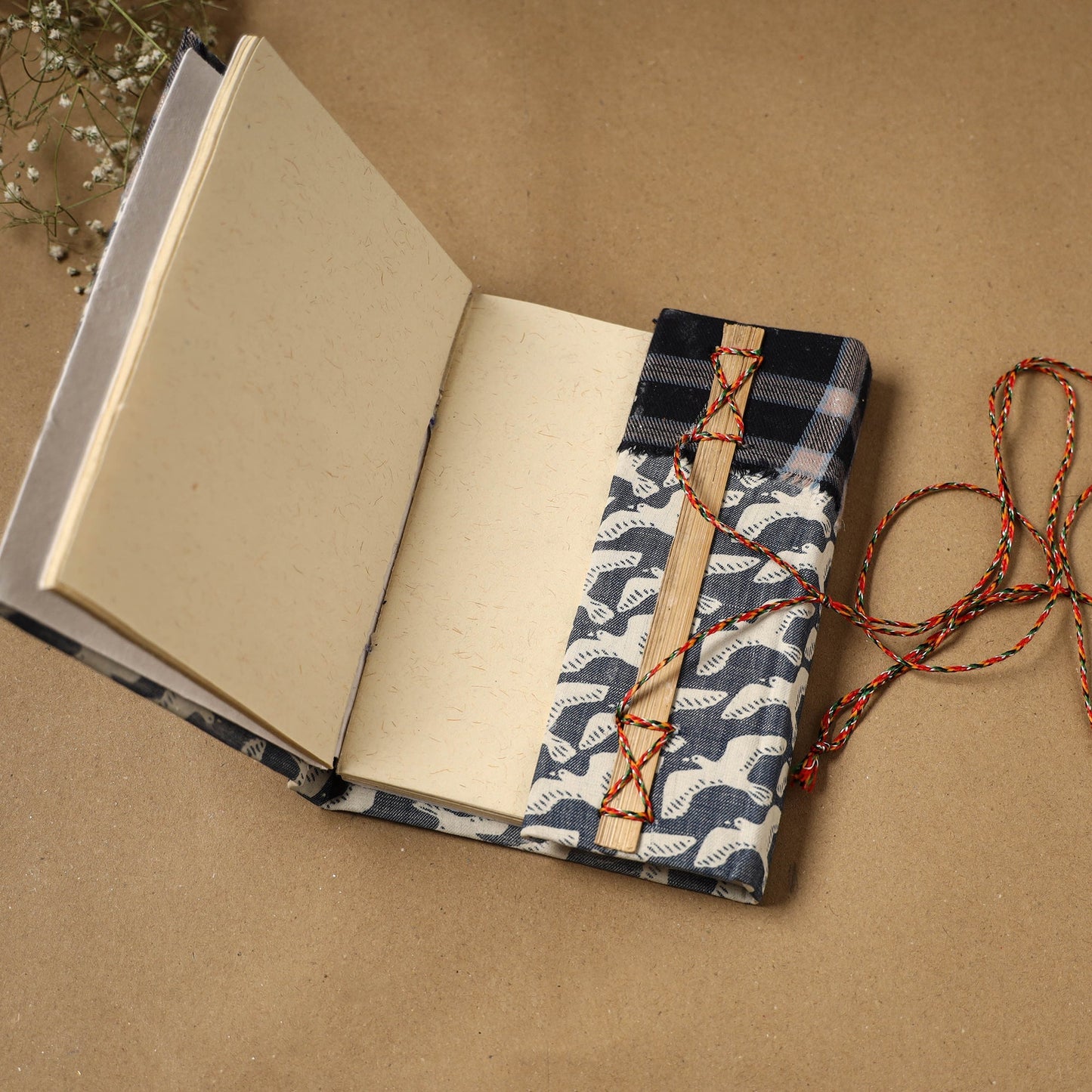 Printed fabric cover handmade paper notebook with thread