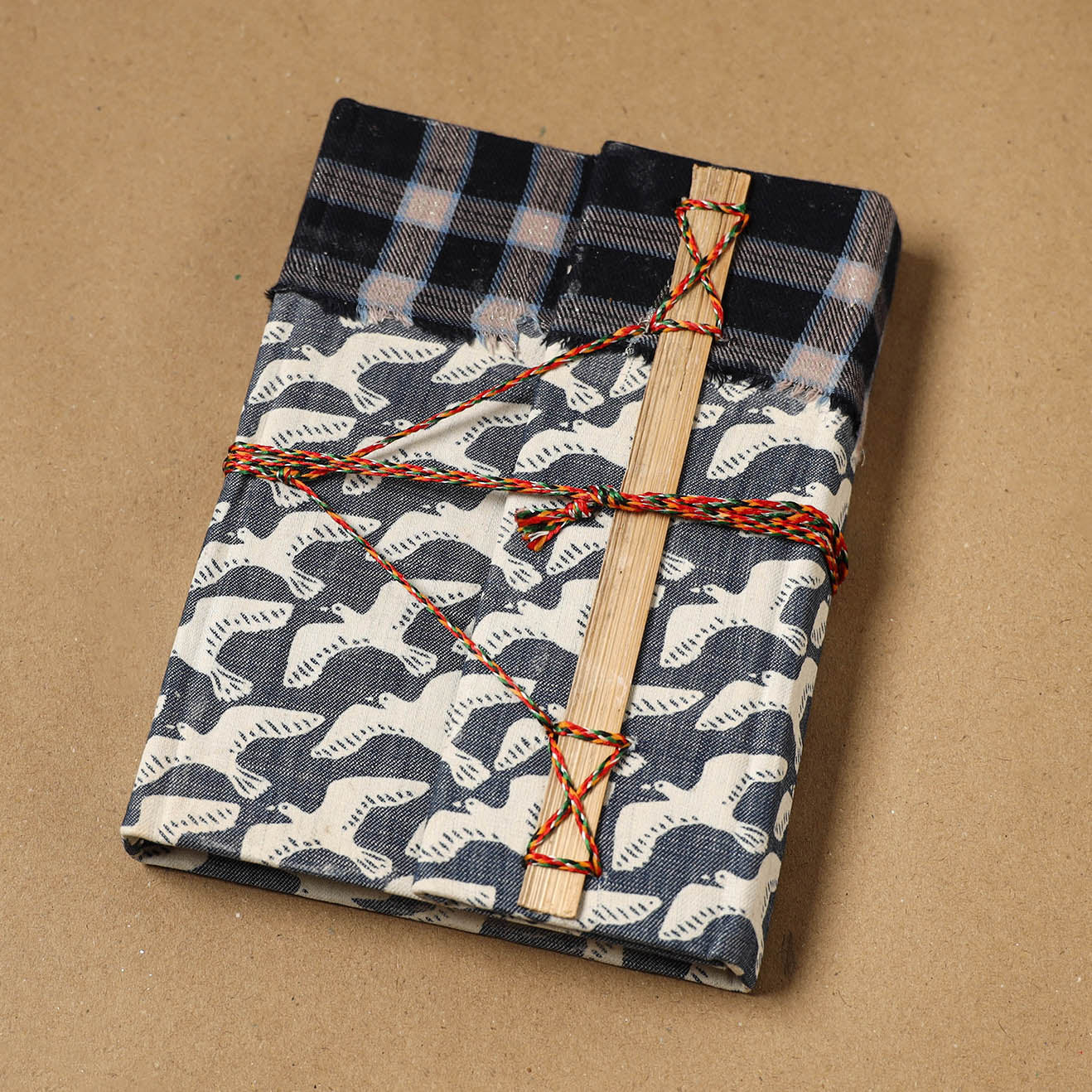 Printed fabric cover handmade paper notebook with thread