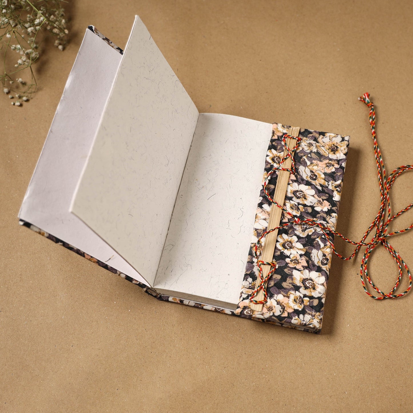 Printed fabric cover handmade paper notebook with thread