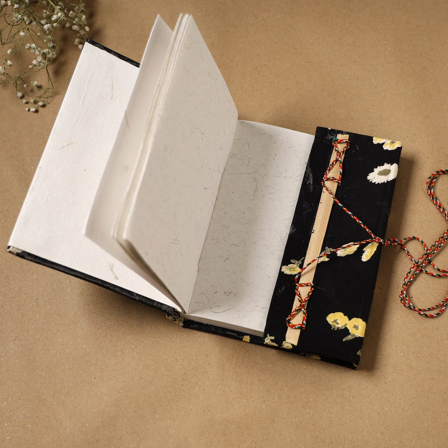 Printed fabric cover handmade paper notebook with thread