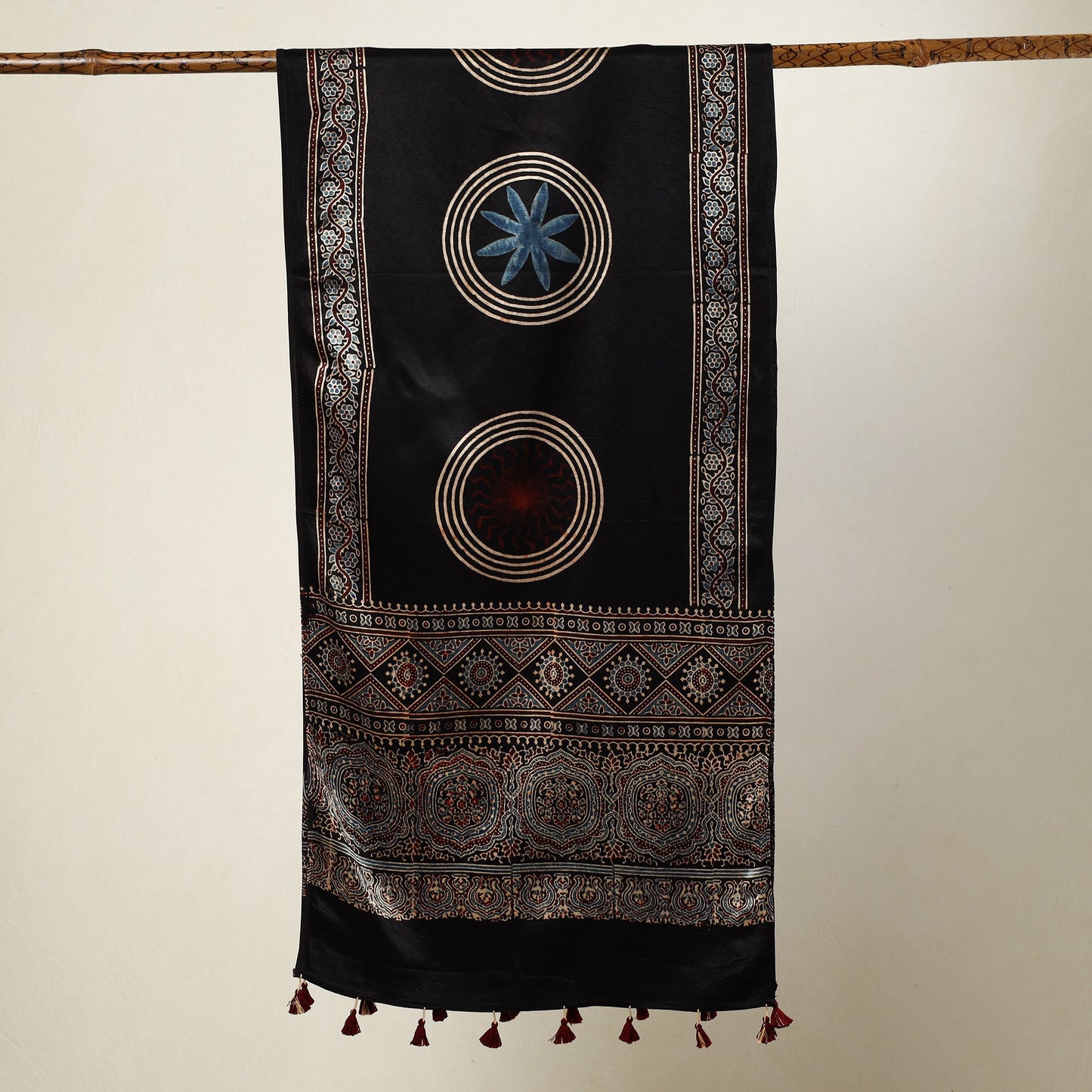Black - Ajrakh Block Printed Mashru Silk Stole with Tassels