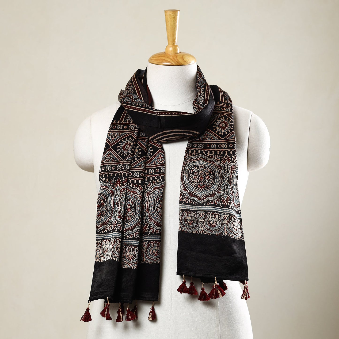 Black - Ajrakh Block Printed Mashru Silk Stole with Tassels