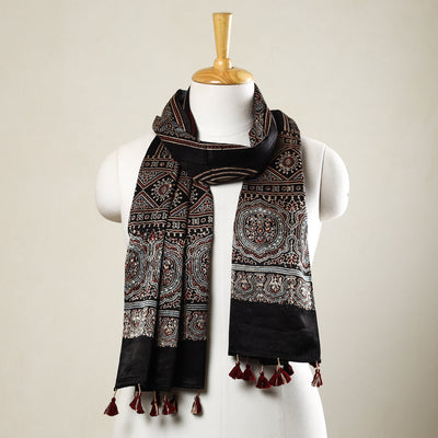 Black - Ajrakh Block Printed Mashru Silk Stole with Tassels