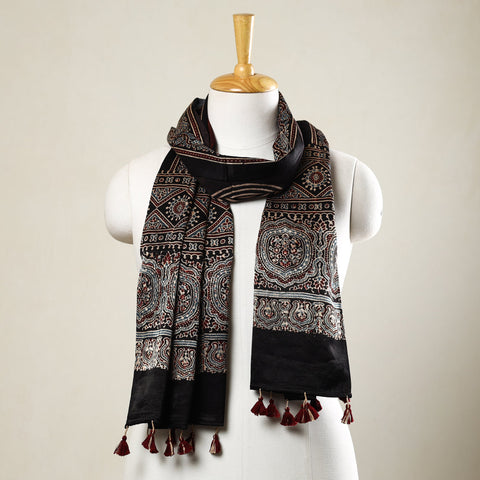 Black - Ajrakh Block Printed Mashru Silk Stole with Tassels