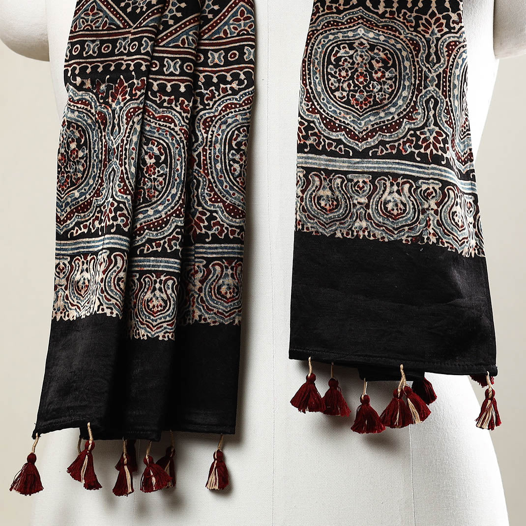 Black - Ajrakh Block Printed Mashru Silk Stole with Tassels