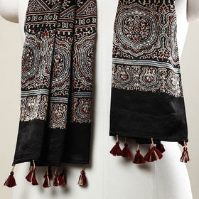 Black - Ajrakh Block Printed Mashru Silk Stole with Tassels