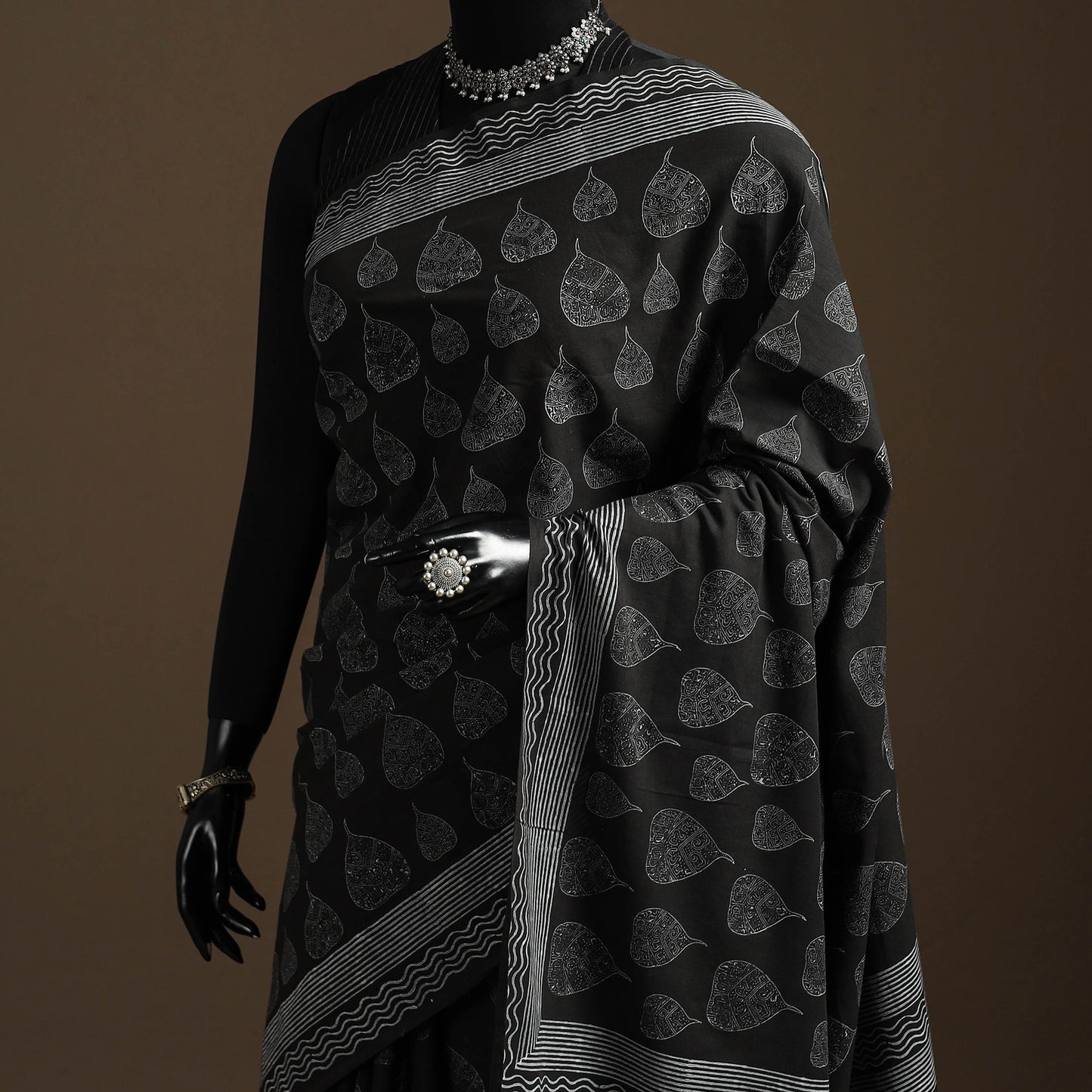 Black - printed mul cotton sanganeri saree - handcrafted