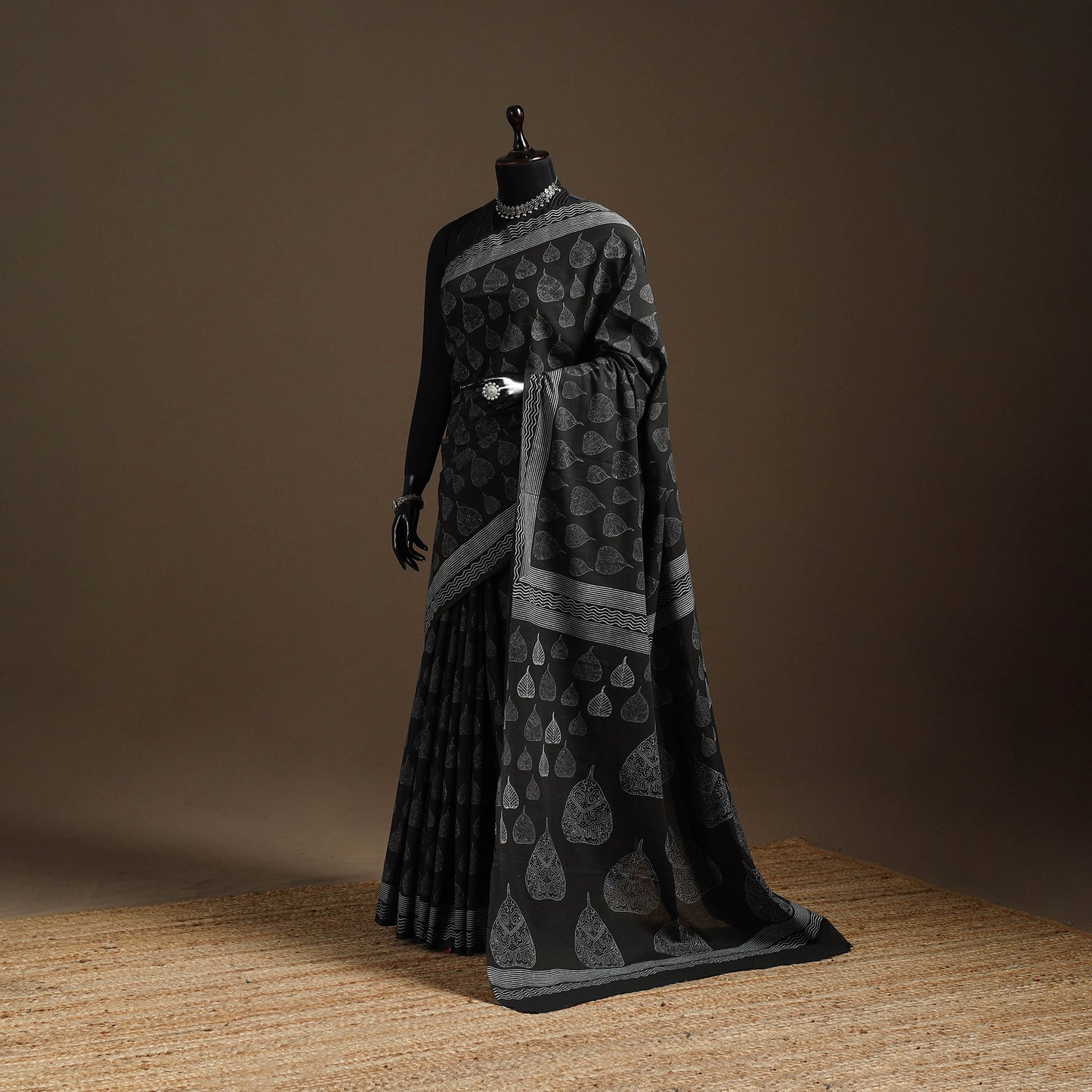 Black - printed mul cotton sanganeri saree - handcrafted