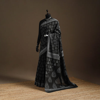 Black - printed mul cotton sanganeri saree - handcrafted