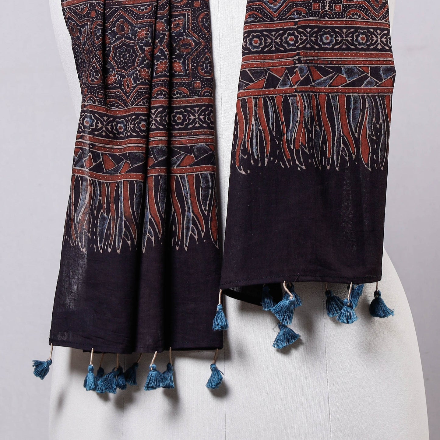 Buy  Ajrakh Block Printed Mul Cotton Stole with Tassels Online at iTokri.com